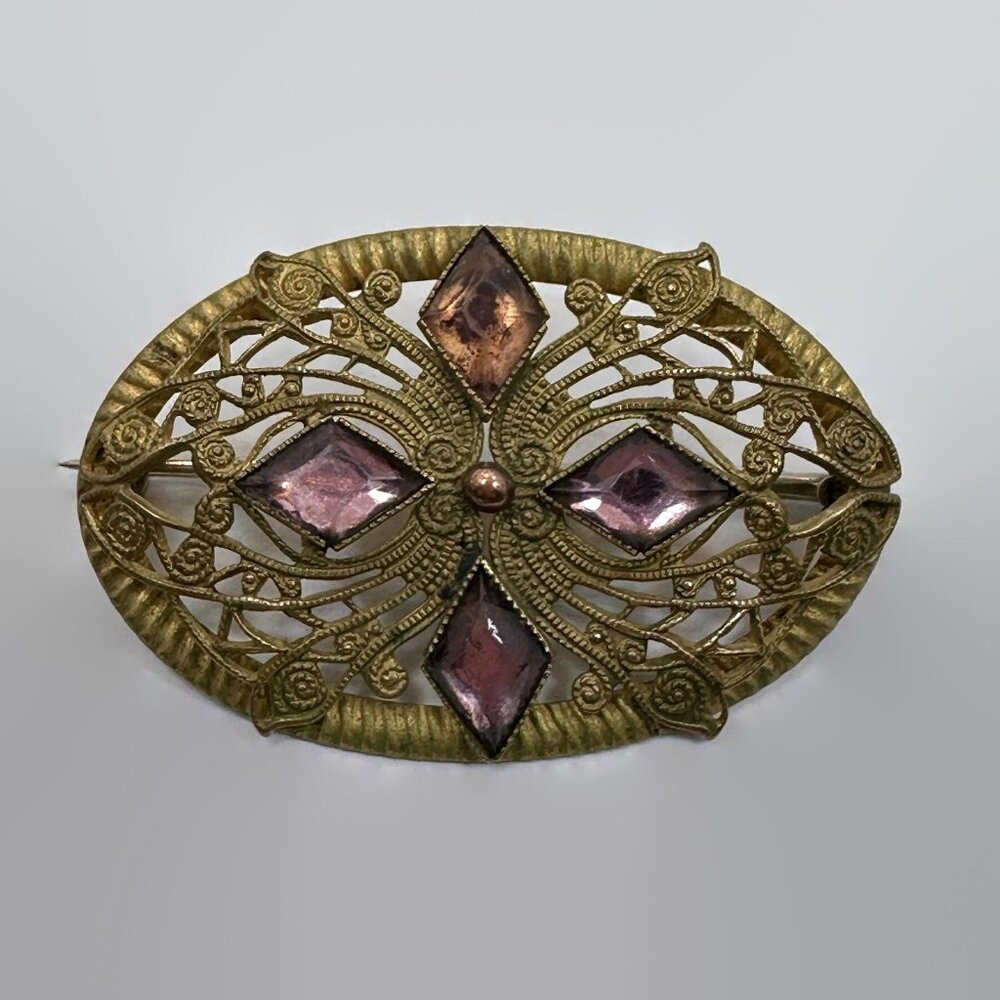 Victorian Brooch, Edwardian, Purple, Filagree, Rhinestones, 2" Long, Vintage